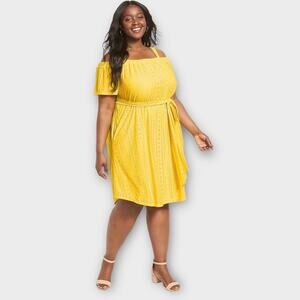 NWT Lane Bryant bright yellow cold shoulder flutter sleeve eyelet dress 18/20